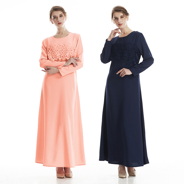 純色氣質蕾絲簍空連衣長裙
